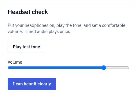 Headset check before the audio module: test tone and volume slider.