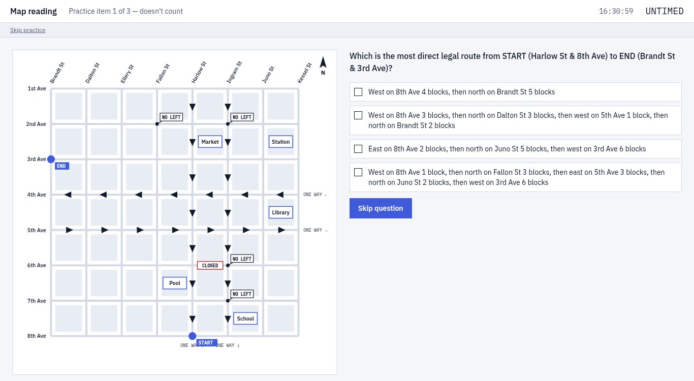 Pass911 map reading item: a fictional street grid with one-way streets and a NO LEFT sign.