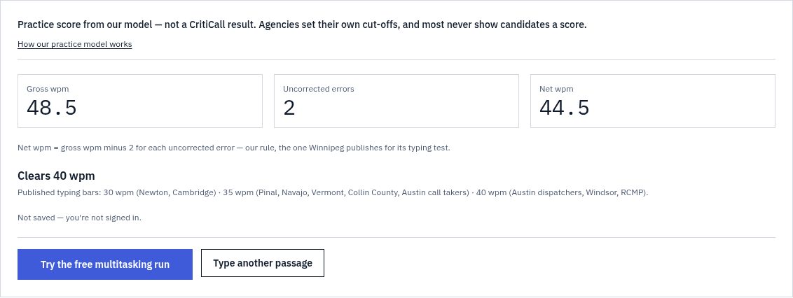 Pass911 typing test result showing net words per minute, errors, and the published agency typing bar the score clears